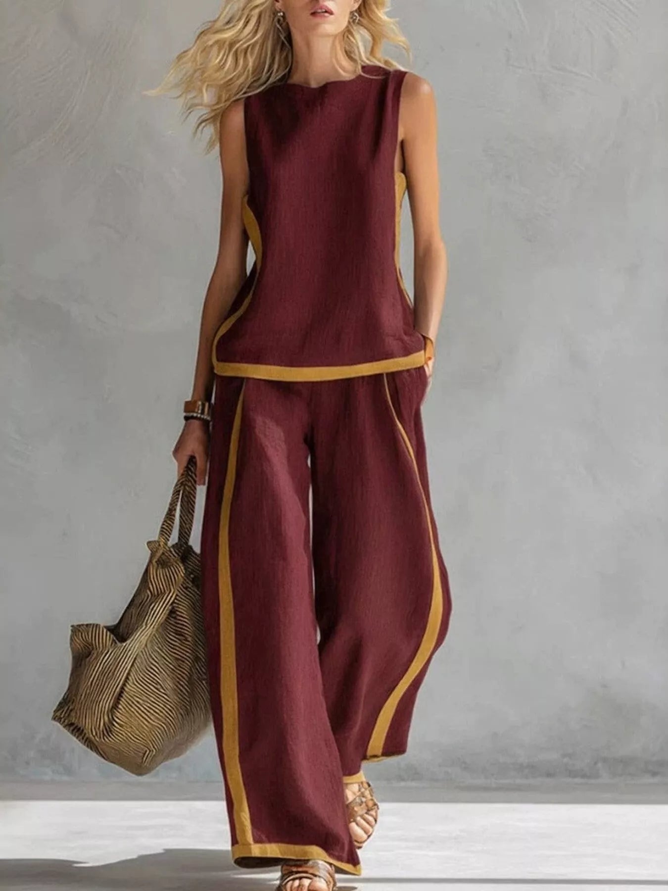 Full Size Contrast Stripe Sleeveless Top & Wide-Leg Pants Set Plus Size