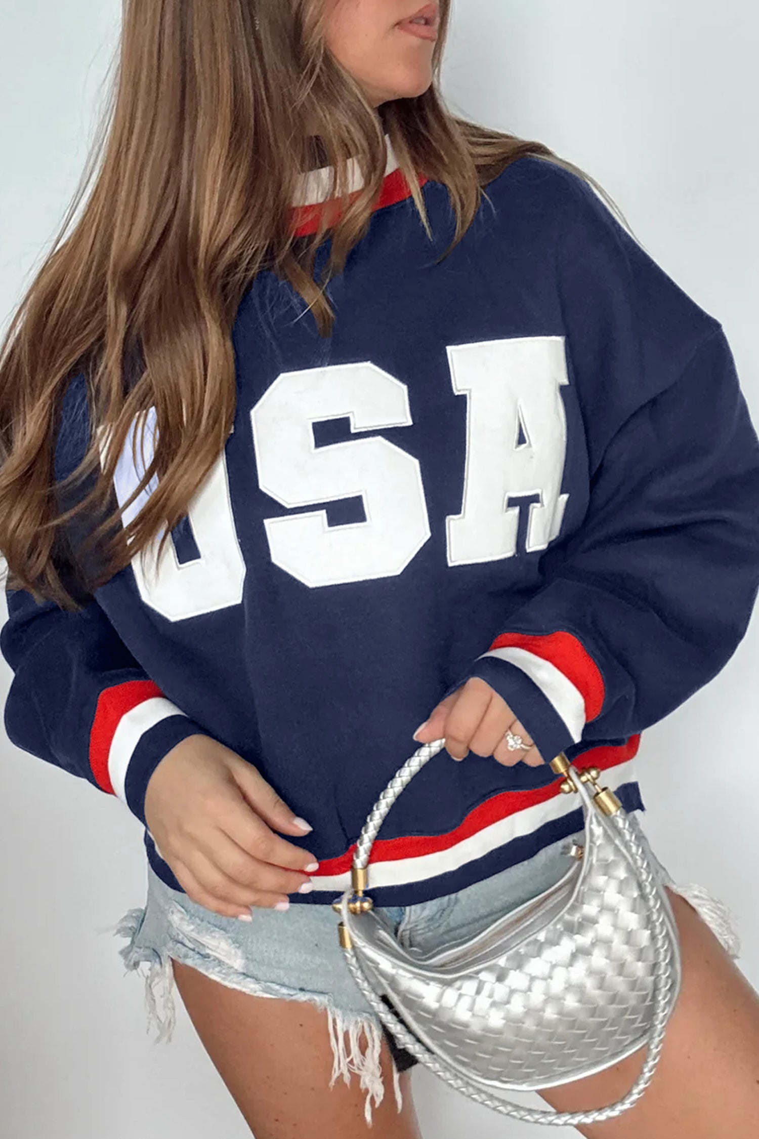 Dirty blue USA Slogan Patch Embroidery Colorblock High Neck Long Sleeve Sweatshirt