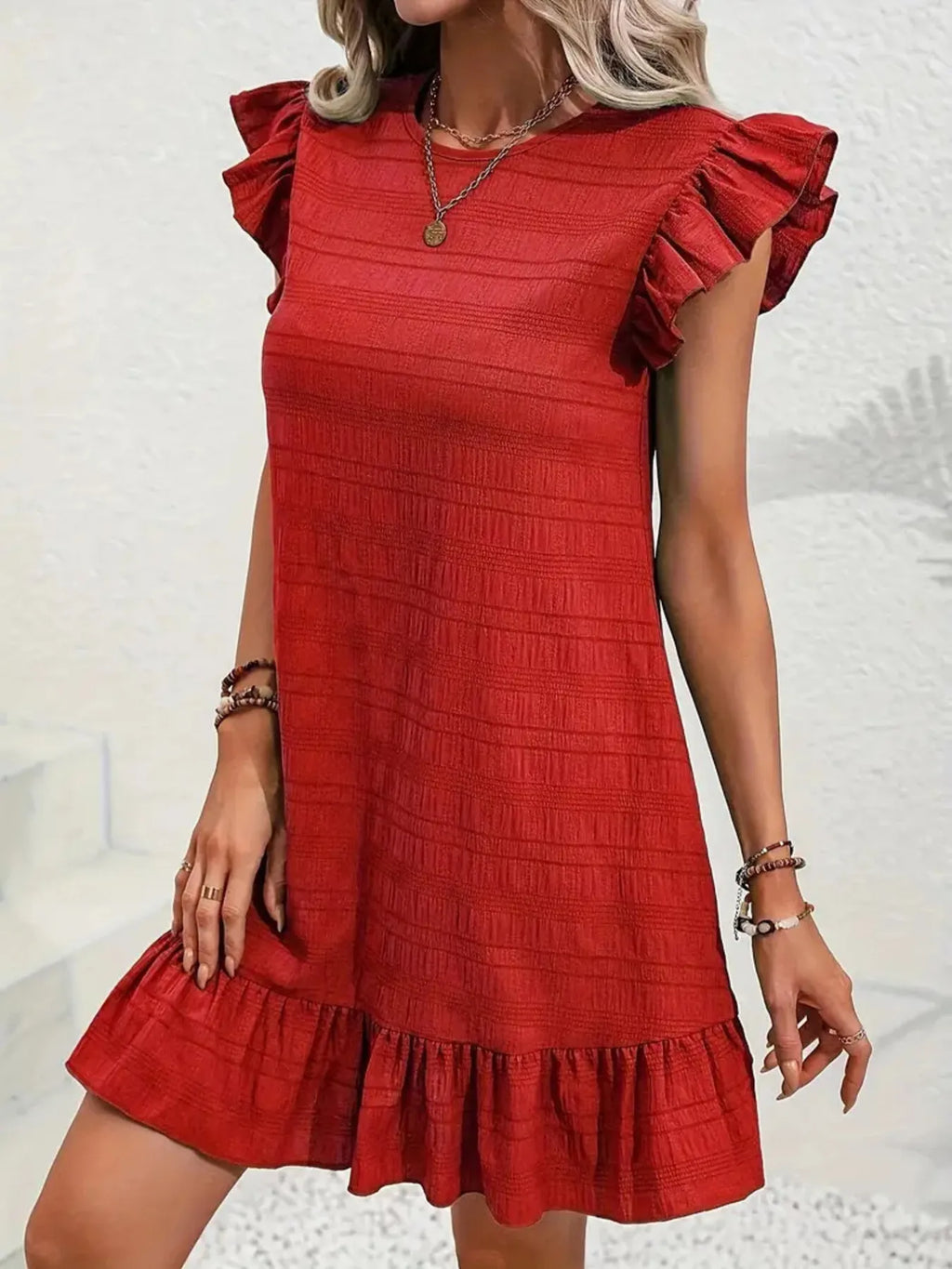 Full Size Ruffled Flutter Sleeve Textured Mini Dress Plus Size
