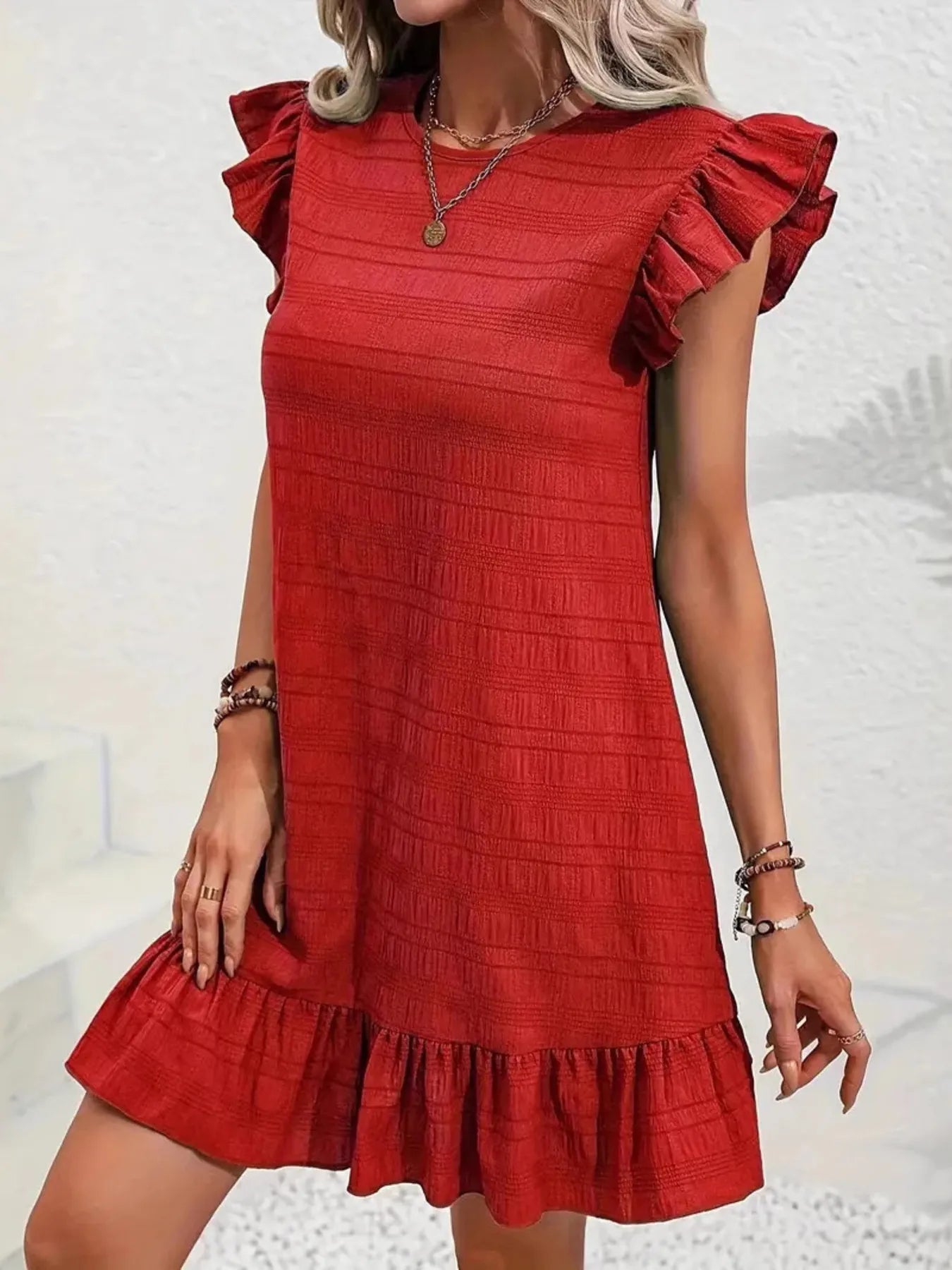 Full Size Ruffled Flutter Sleeve Textured Mini Dress Plus Size