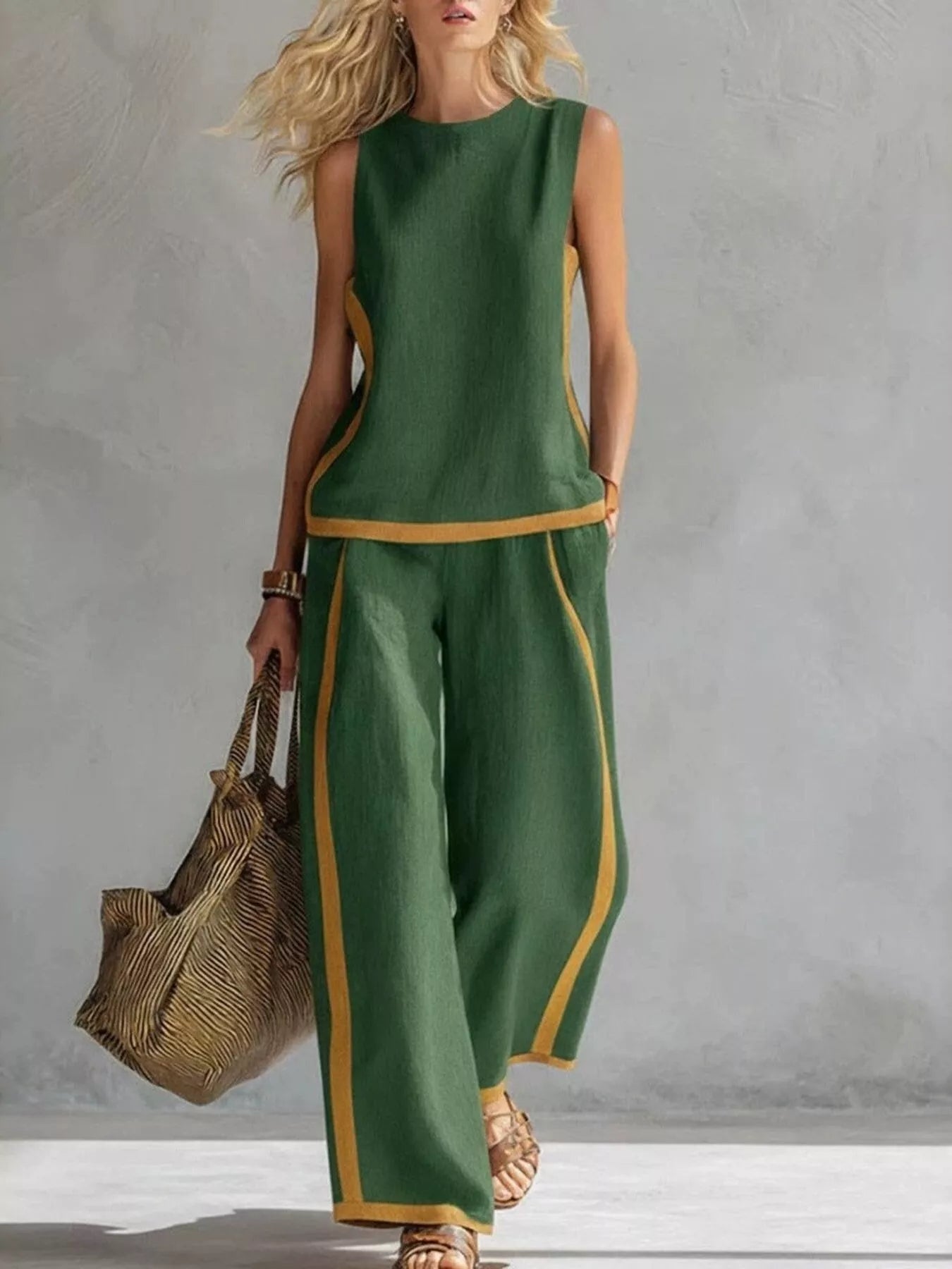 Full Size Contrast Stripe Sleeveless Top & Wide-Leg Pants Set Plus Size
