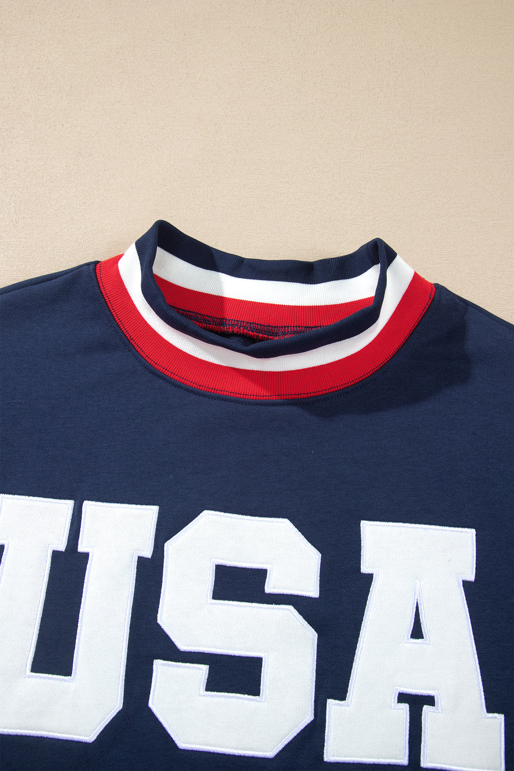 Dirty blue USA Slogan Patch Embroidery Colorblock High Neck Long Sleeve Sweatshirt