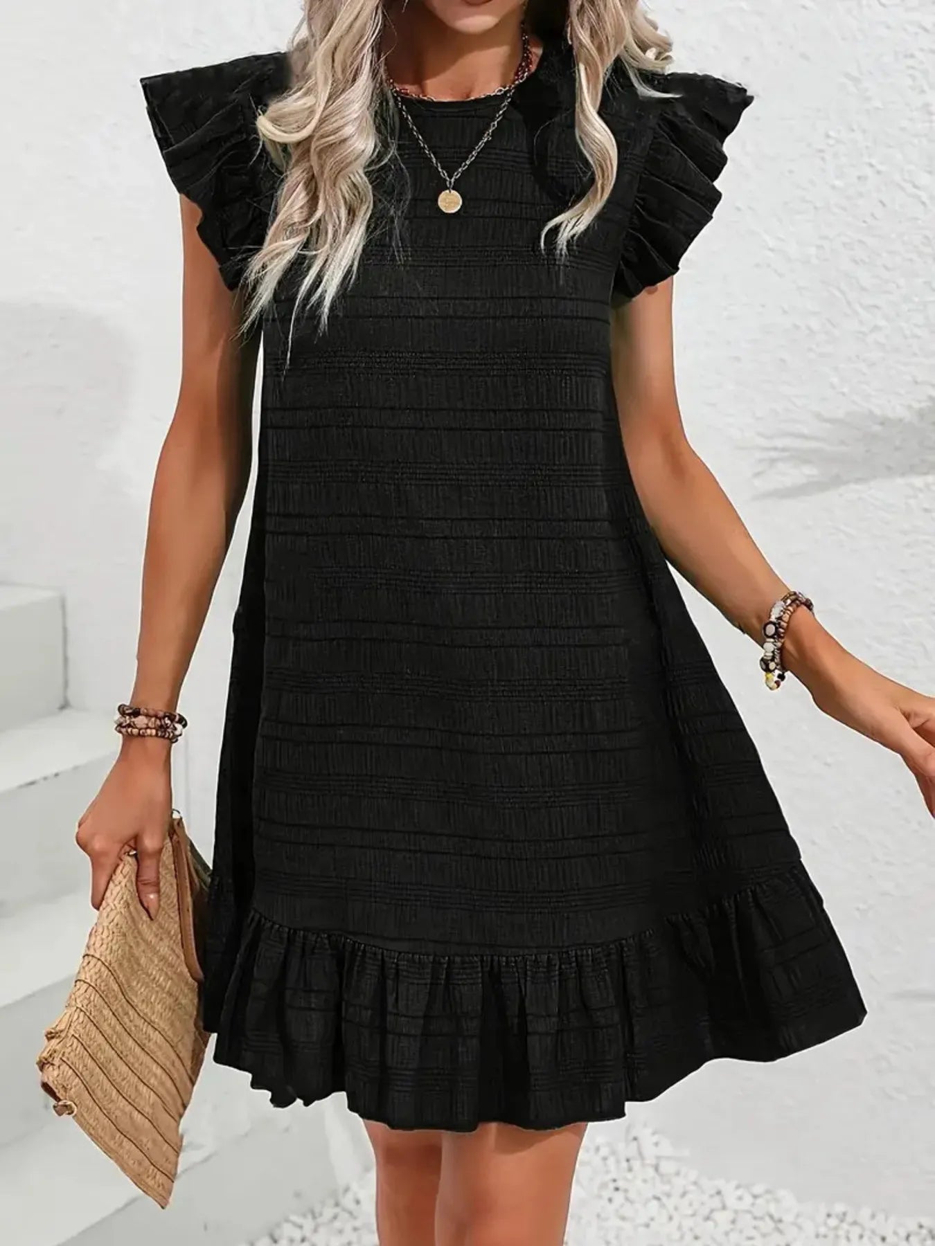Full Size Ruffled Flutter Sleeve Textured Mini Dress Plus Size