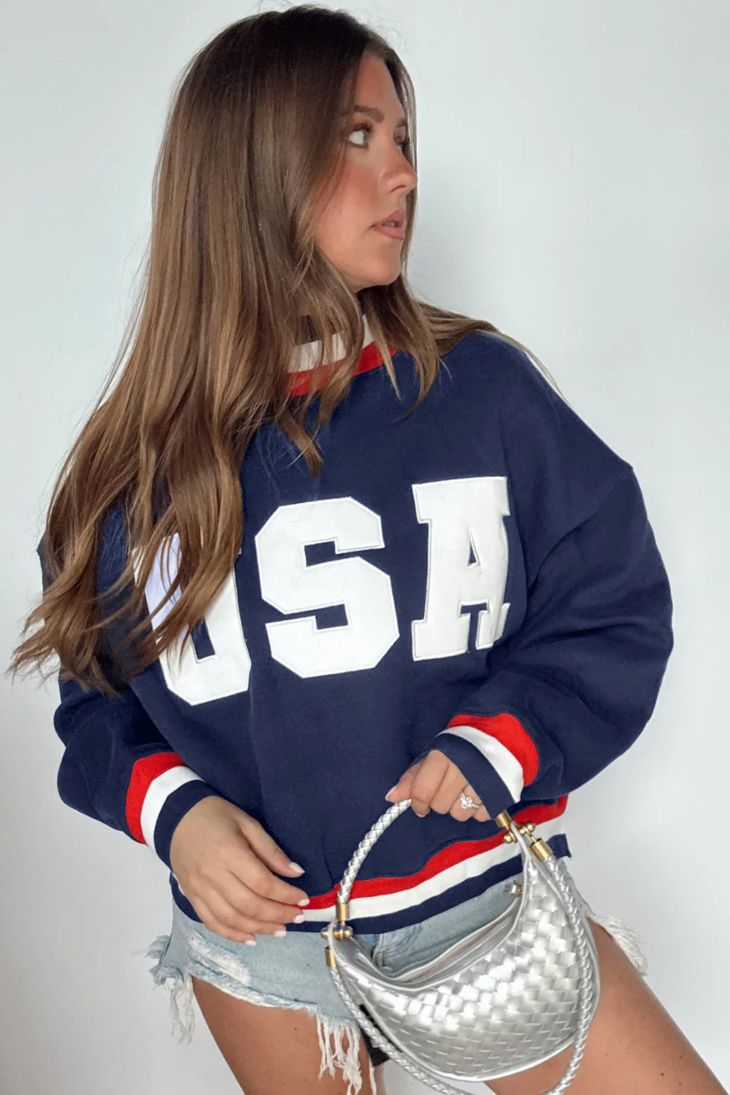 Dirty blue USA Slogan Patch Embroidery Colorblock High Neck Long Sleeve Sweatshirt
