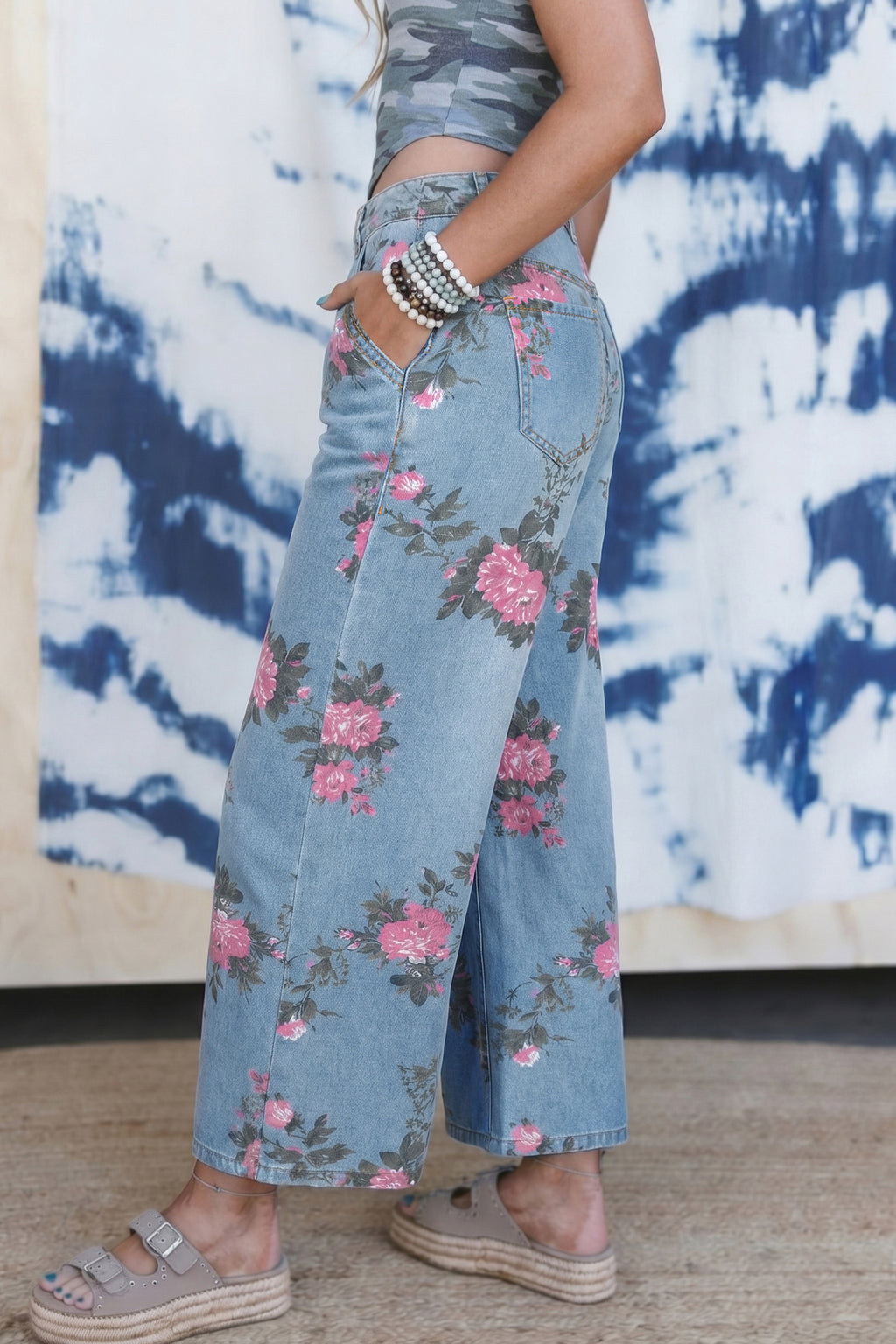 Sky Blue Garden Floral Print Bootcut Jeans
