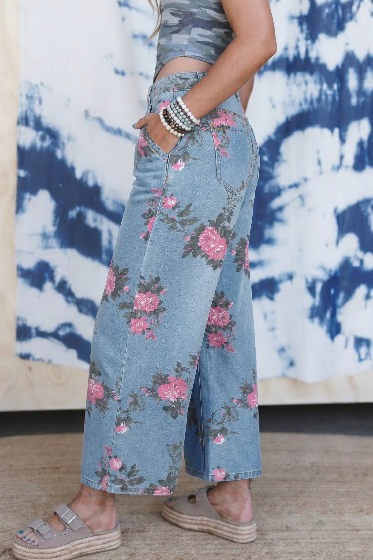 Sky Blue Garden Floral Print Bootcut Jeans