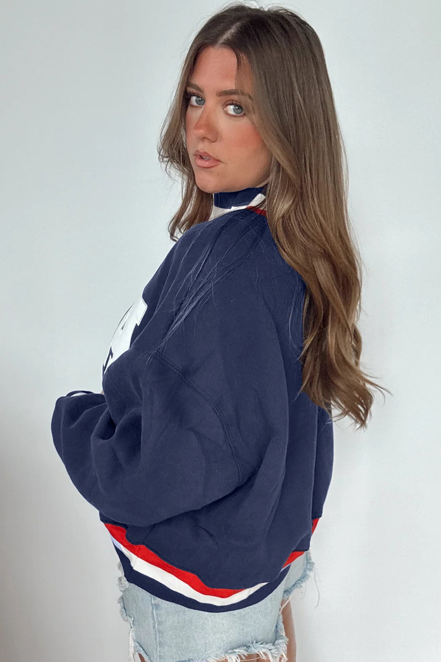 Dirty blue USA Slogan Patch Embroidery Colorblock High Neck Long Sleeve Sweatshirt