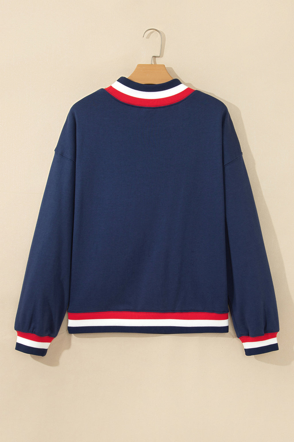 Dirty blue USA Slogan Patch Embroidery Colorblock High Neck Long Sleeve Sweatshirt