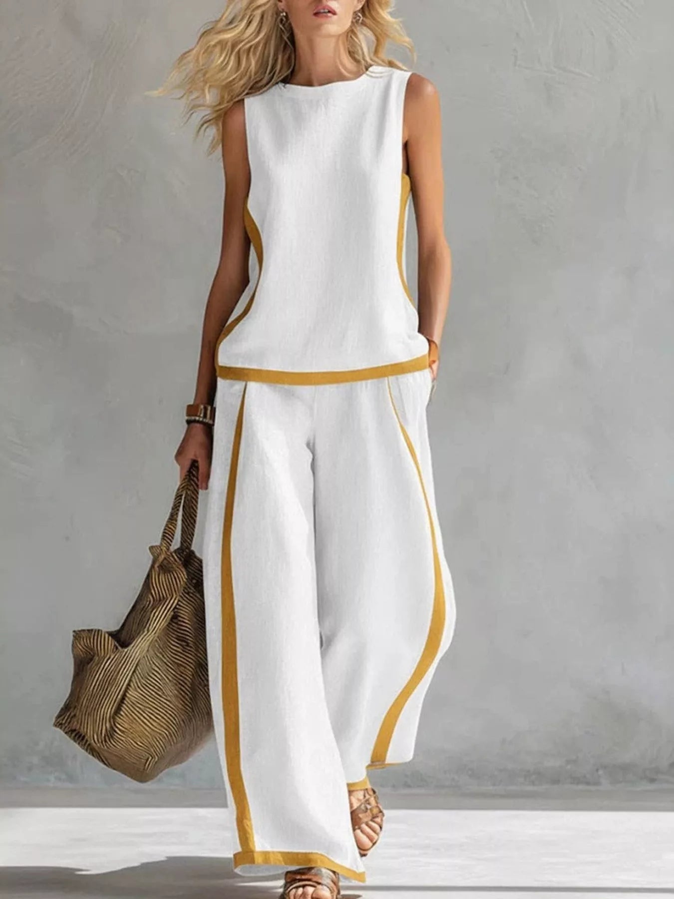 Full Size Contrast Stripe Sleeveless Top & Wide-Leg Pants Set Plus Size