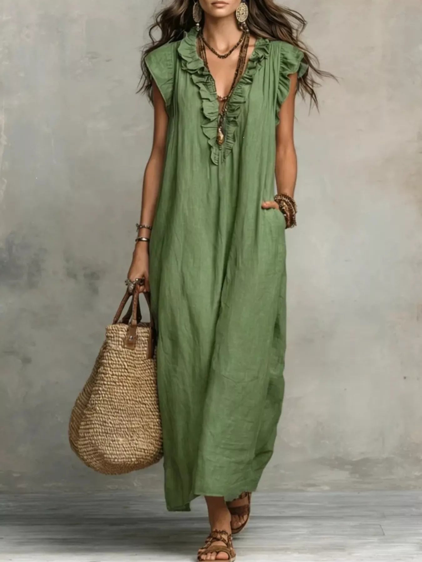 Full Size Ruffled V-Neck Cap Sleeve Maxi Dress Plus Size