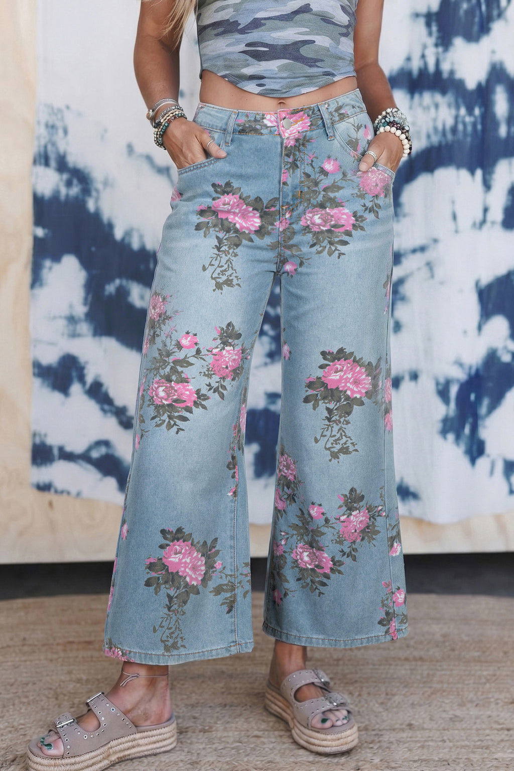 Sky Blue Garden Floral Print Bootcut Jeans