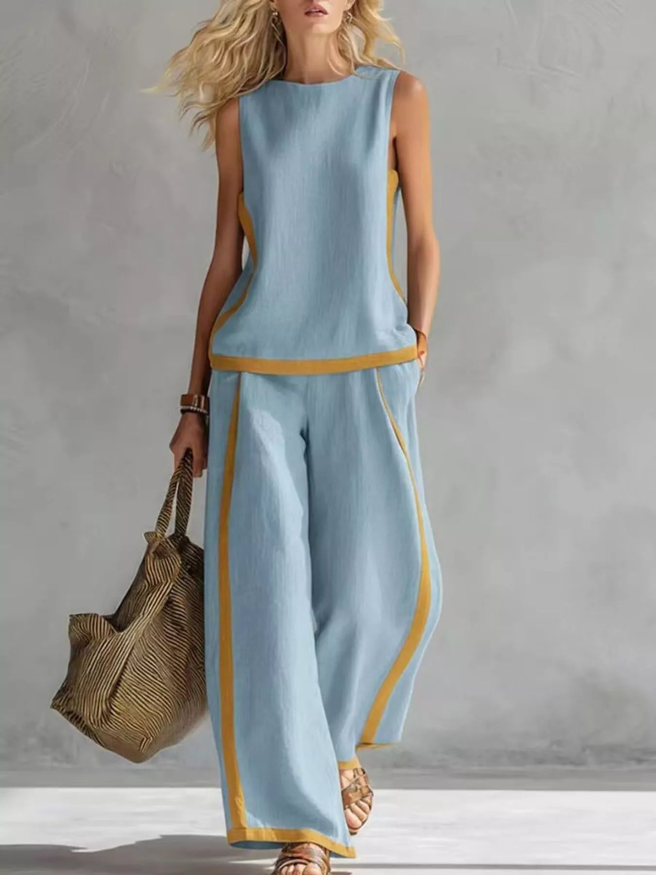 Full Size Contrast Stripe Sleeveless Top & Wide-Leg Pants Set Plus Size