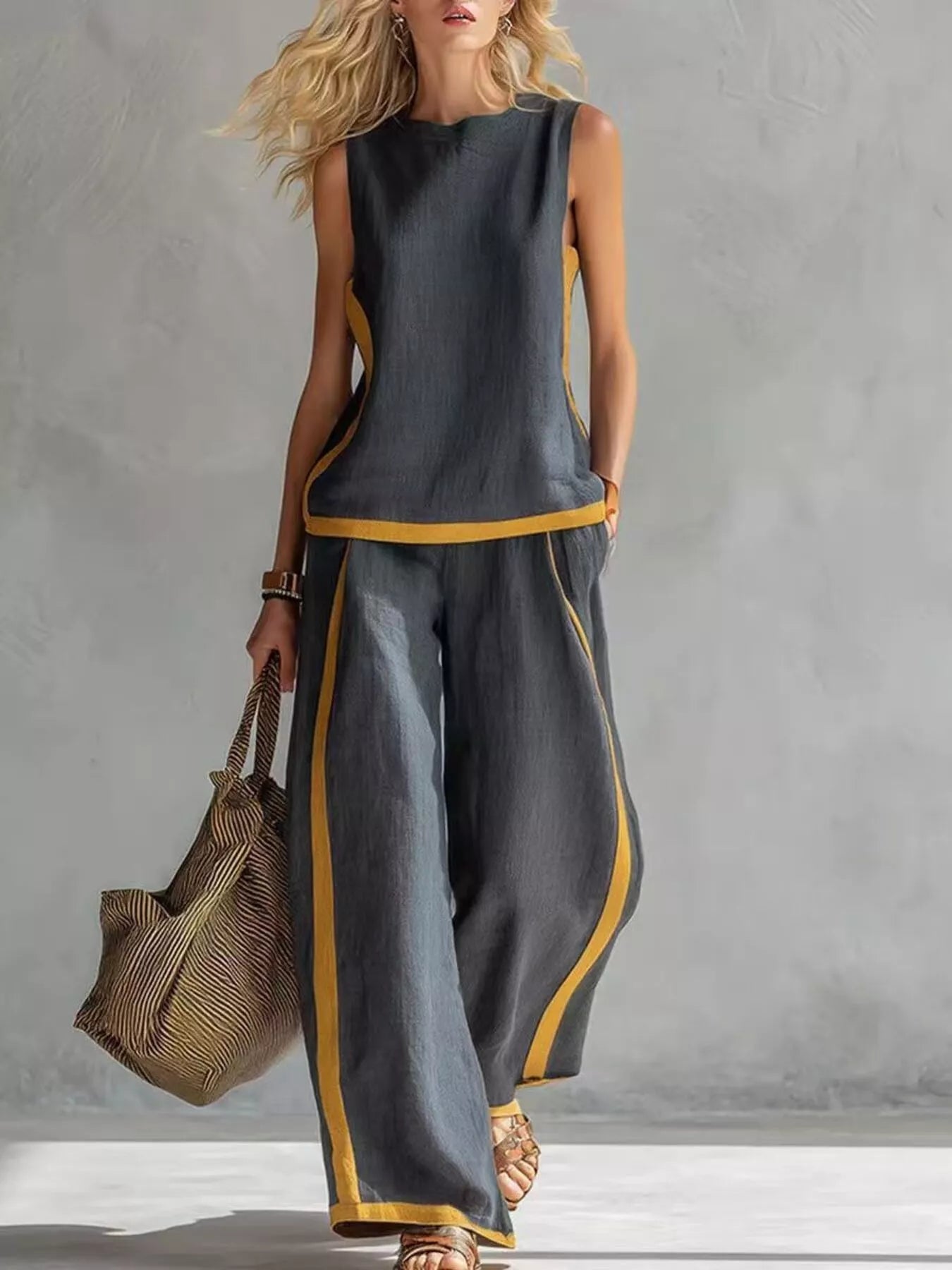 Full Size Contrast Stripe Sleeveless Top & Wide-Leg Pants Set Plus Size