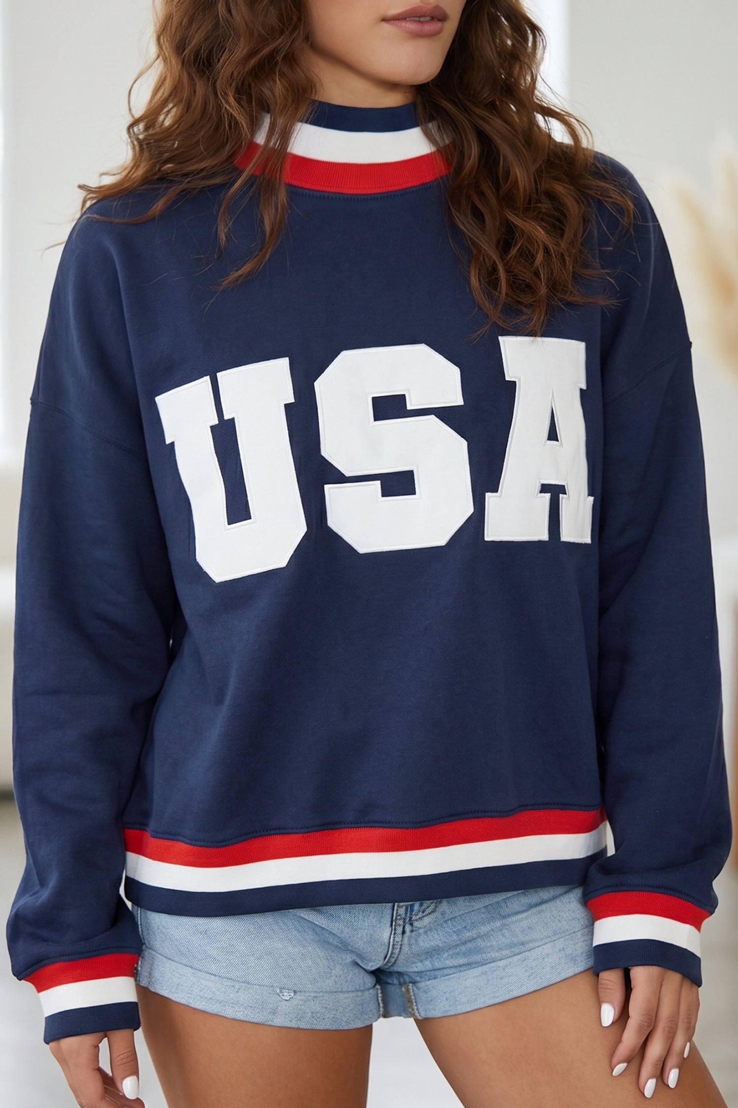 Dirty blue USA Slogan Patch Embroidery Colorblock High Neck Long Sleeve Sweatshirt