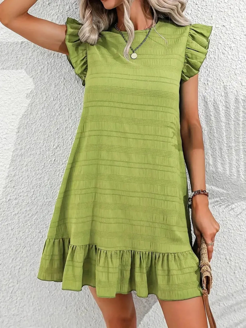 Full Size Ruffled Flutter Sleeve Textured Mini Dress Plus Size