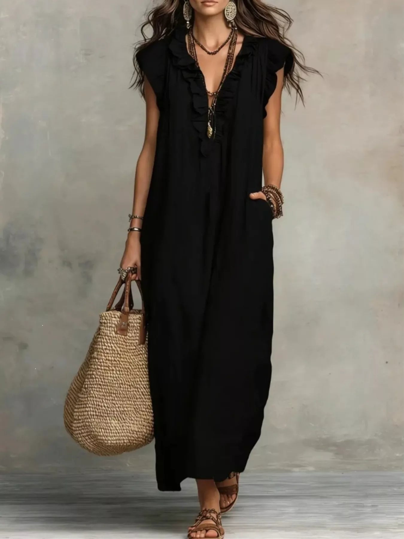 Full Size Ruffled V-Neck Cap Sleeve Maxi Dress Plus Size