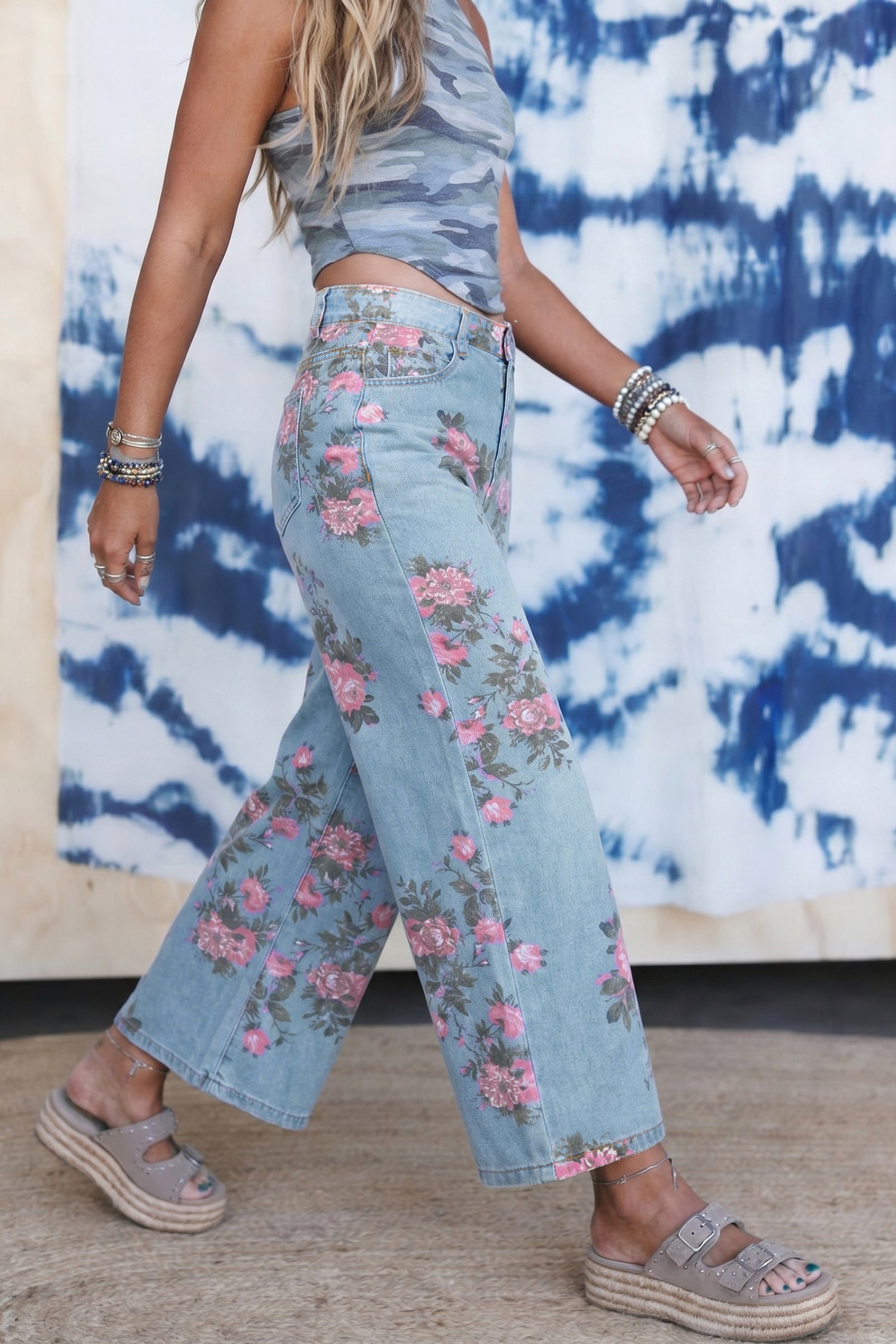 Sky Blue Garden Floral Print Bootcut Jeans