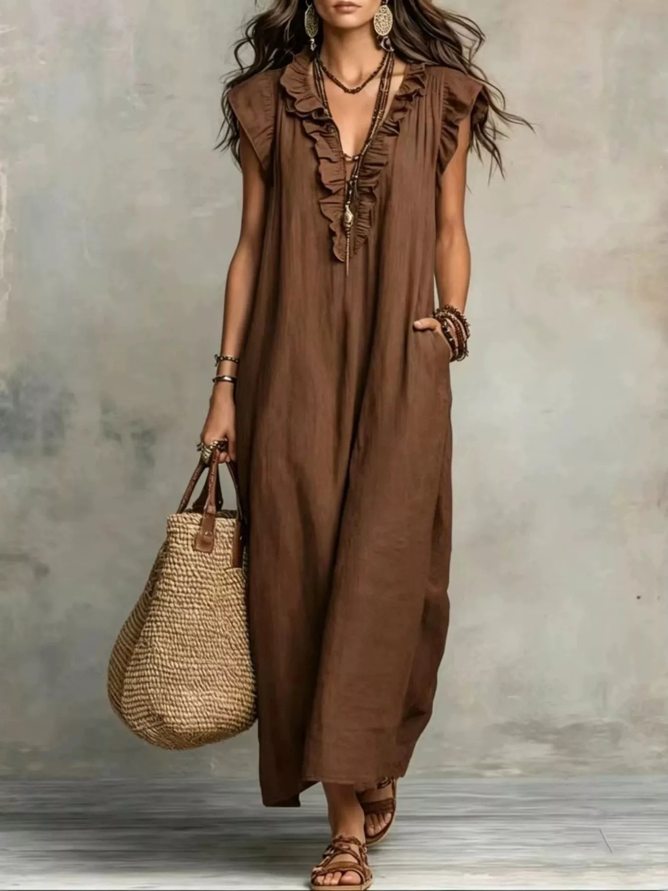 Full Size Ruffled V-Neck Cap Sleeve Maxi Dress Plus Size