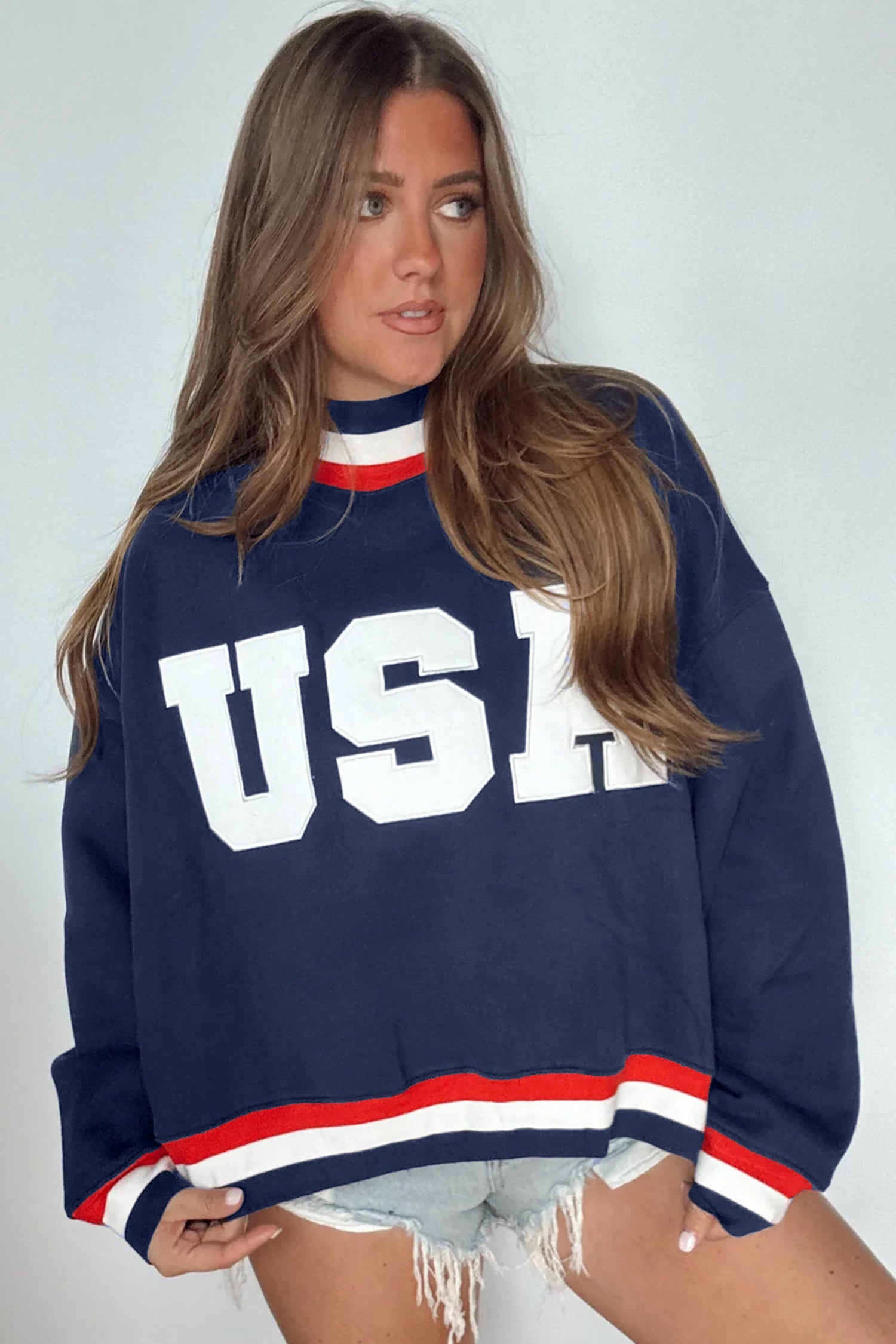Dirty blue USA Slogan Patch Embroidery Colorblock High Neck Long Sleeve Sweatshirt