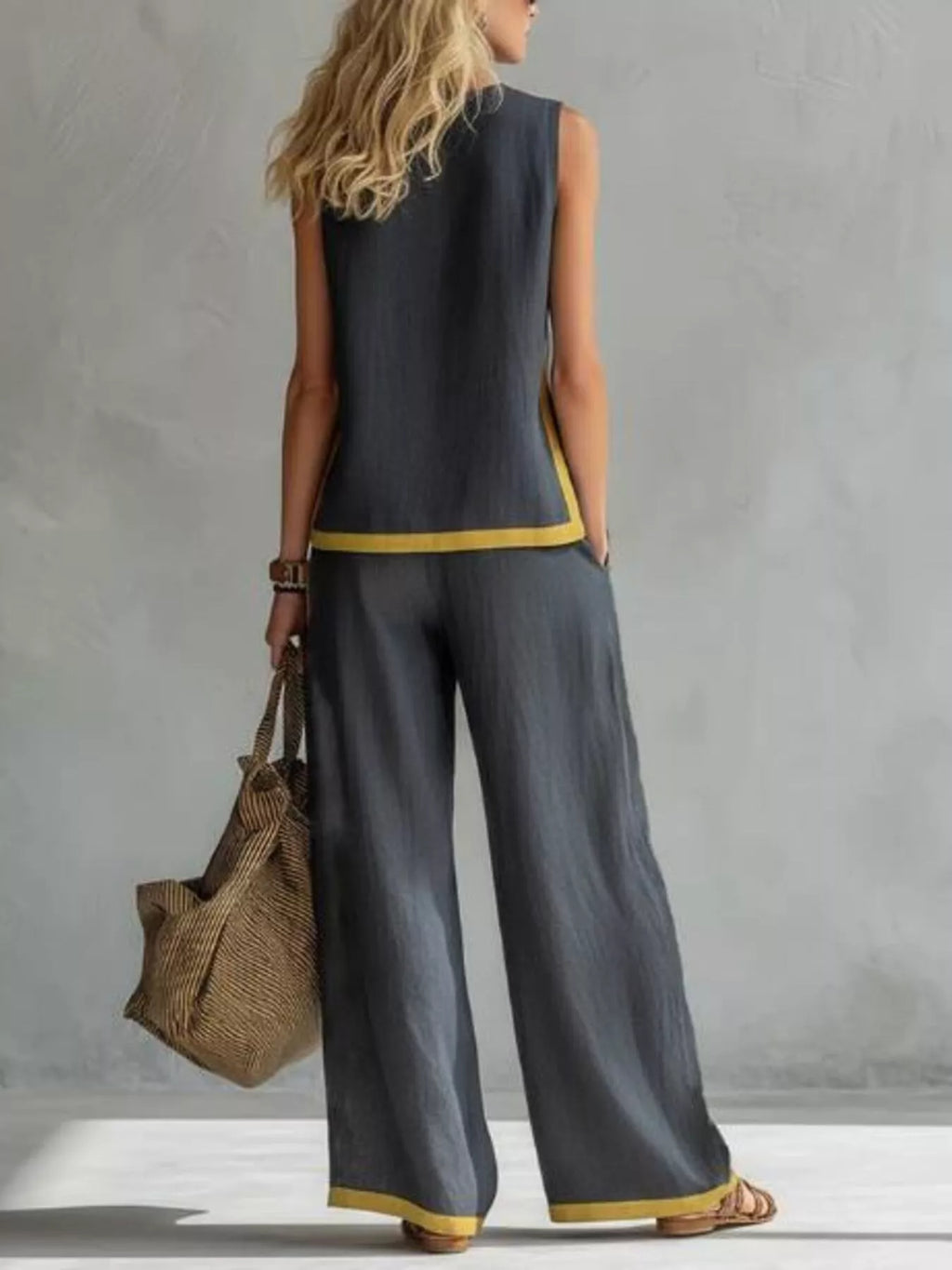 Full Size Contrast Stripe Sleeveless Top & Wide-Leg Pants Set Plus Size