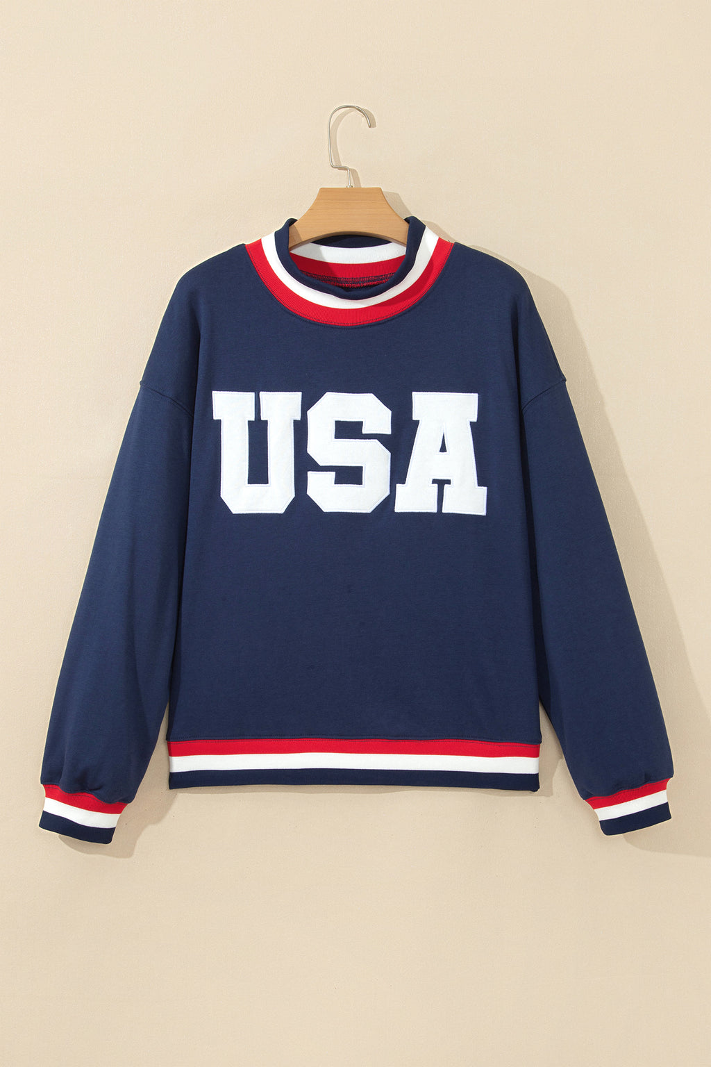 Dirty blue USA Slogan Patch Embroidery Colorblock High Neck Long Sleeve Sweatshirt