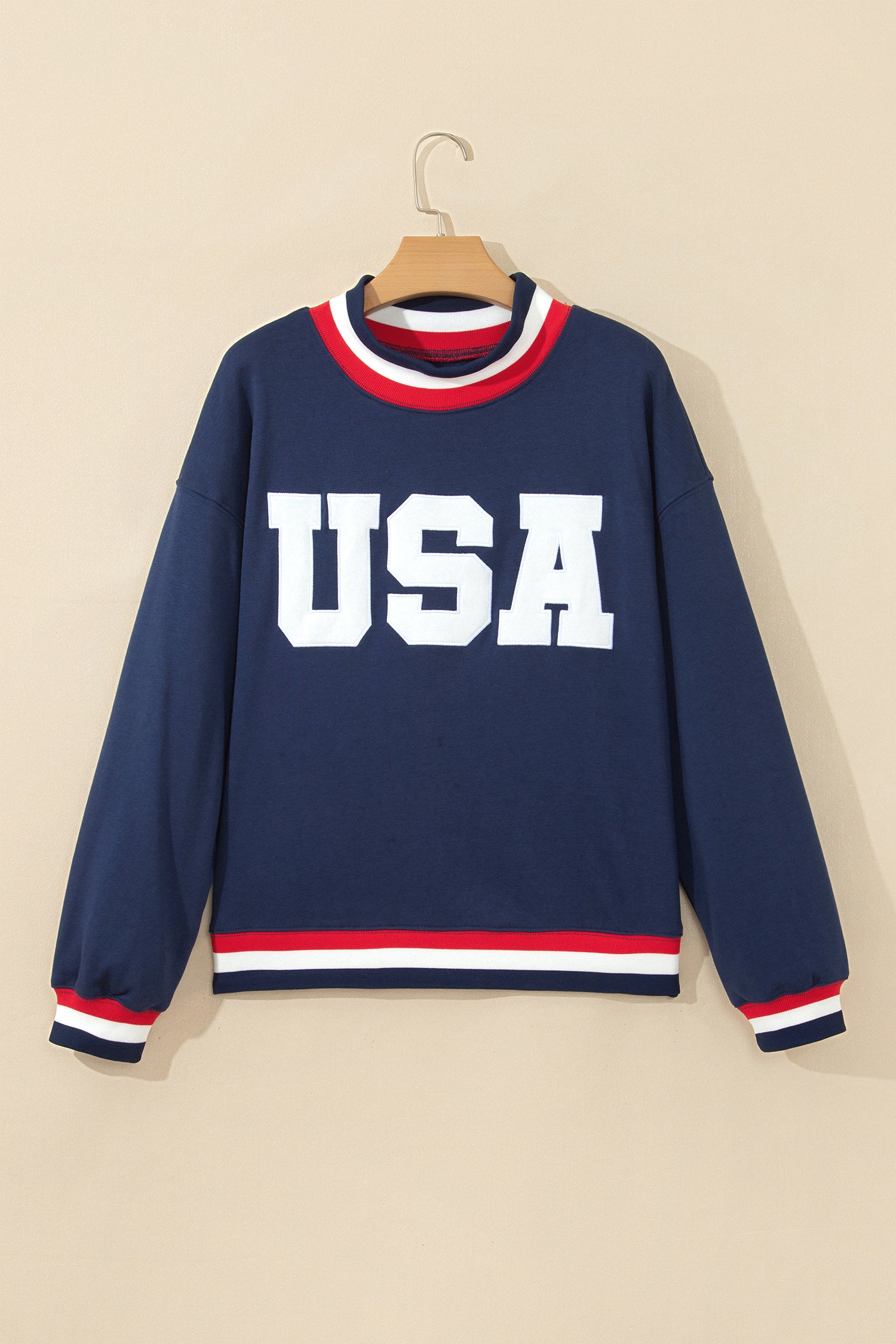 Dirty blue USA Slogan Patch Embroidery Colorblock High Neck Long Sleeve Sweatshirt